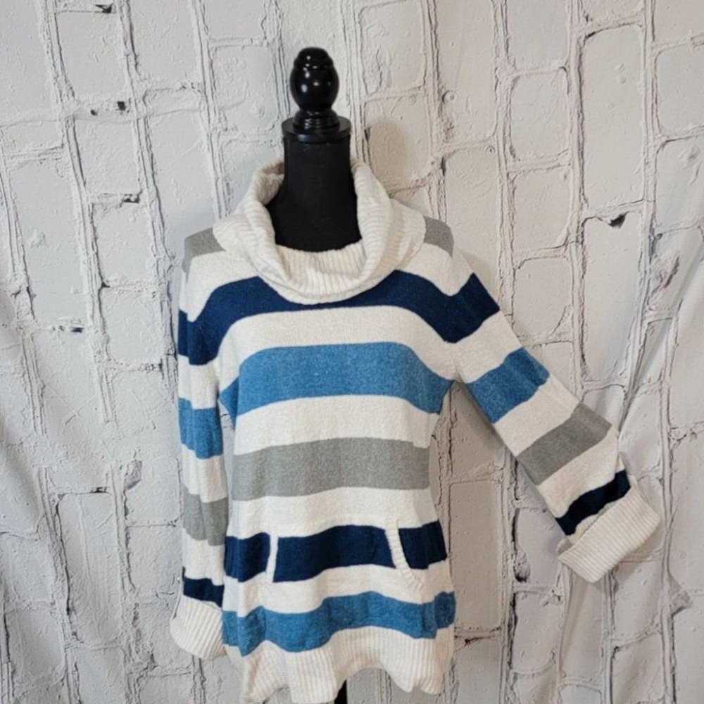 Style & Co. White Blue Wide Stripes Cowl Turtle Neck Cozy Pullover Sweater Sz L